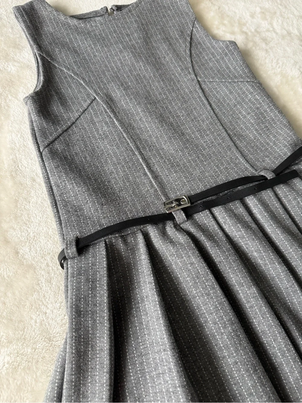 Zara Grey Pleated Formal Dress with Slim Black Belt